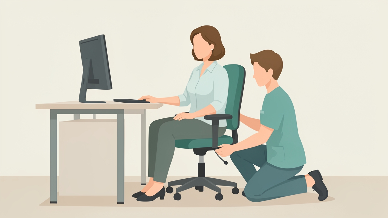 Ergonomic advice for an office worker whose back pain is worse with sitting: adjust chair and desk height and take frequent standing breaks.