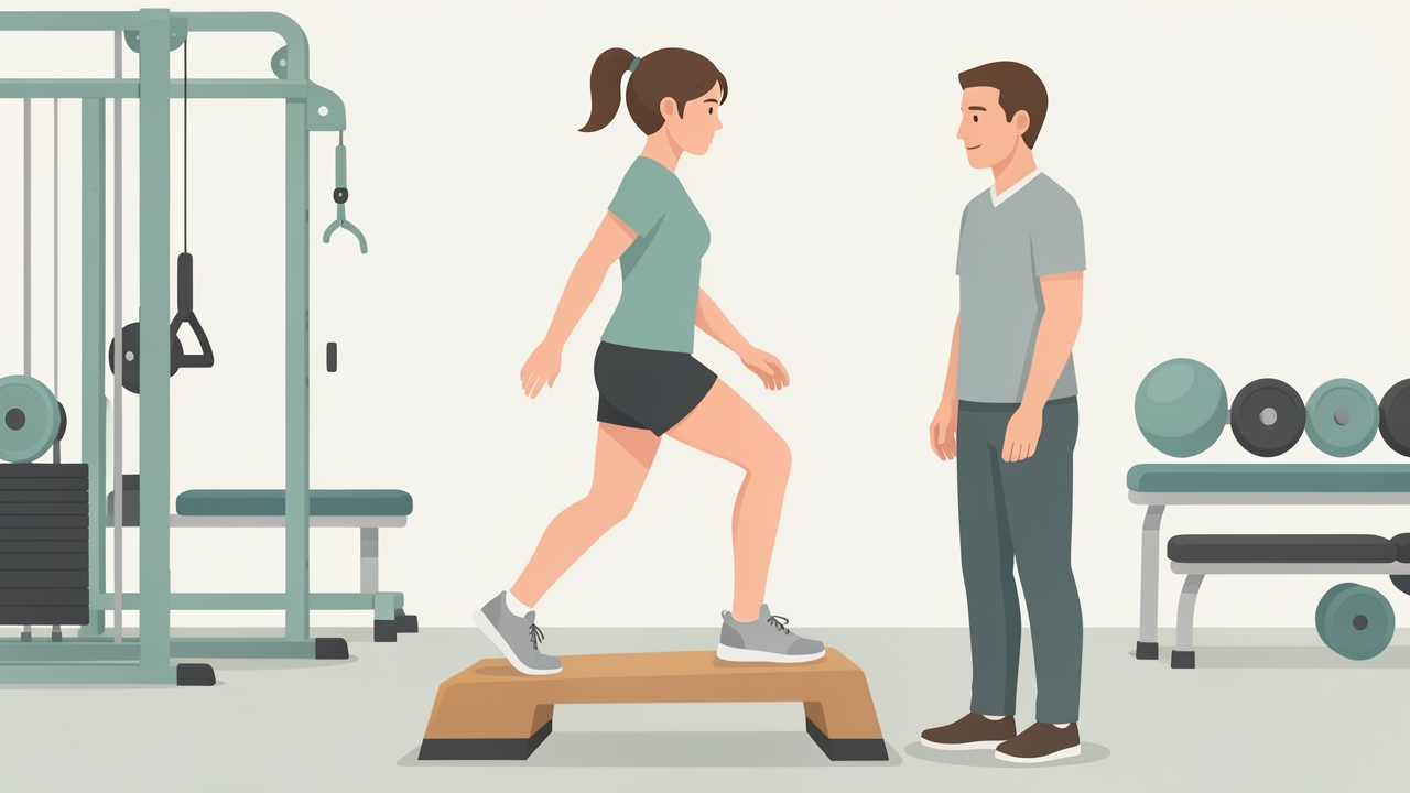 Stage 2 (weeks 2–6): progress to closed-chain work such as mini-squats, step-ups and bike.