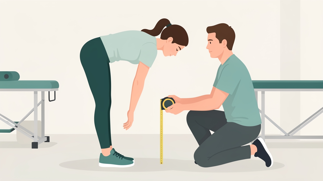 Finger-to-floor distance measures total spinal flexibility: normal is 0 cm (fingers touch the floor), and more than 10 cm indicates significant limitation.