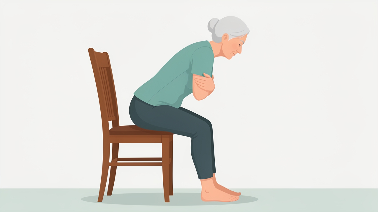Stage 1: sit-to-stand from a firm chair with arms crossed, 2–3 sets of 8–10.