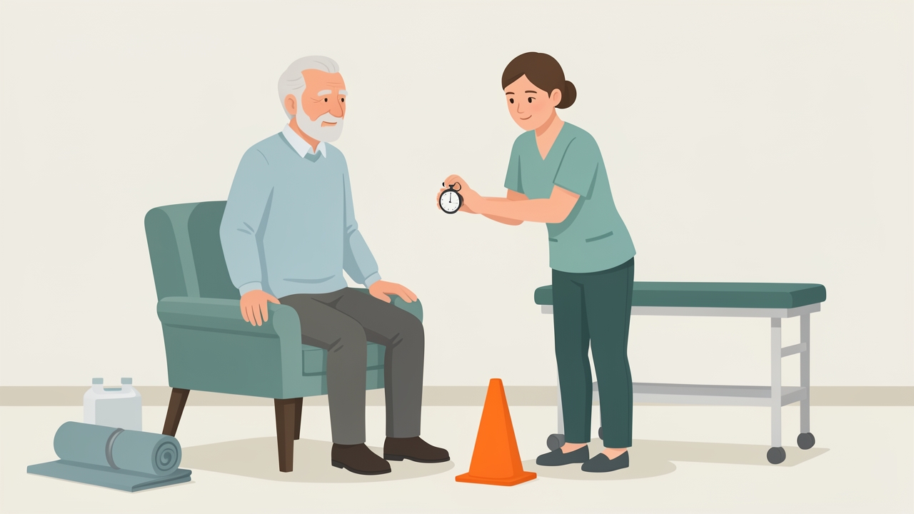 Timed Up and Go: rise, walk 3 m, turn at the marker, walk back and sit. 12 s or more flags increased fall risk.