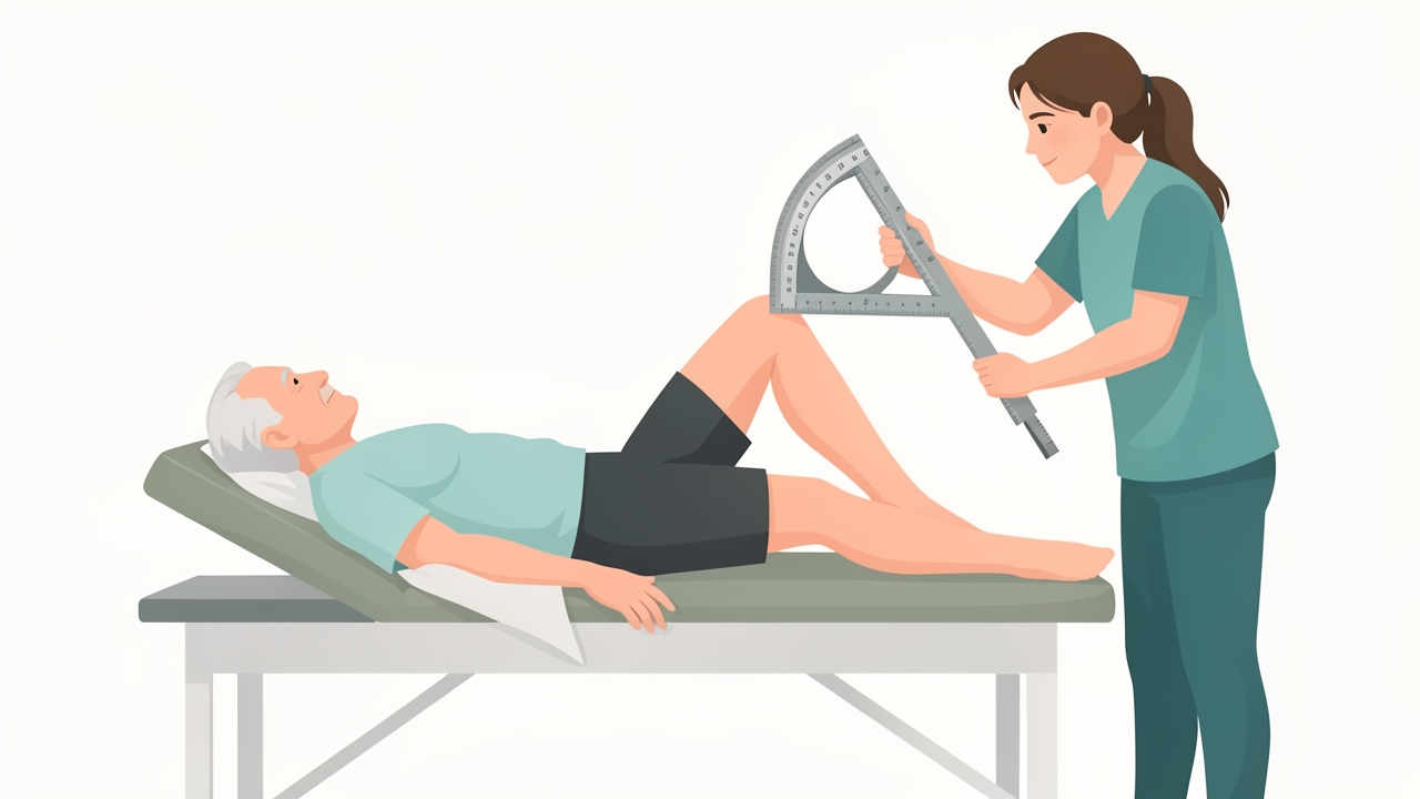 Record active and passive range with a standardised goniometer position. Normal knee flexion is 135–150°.