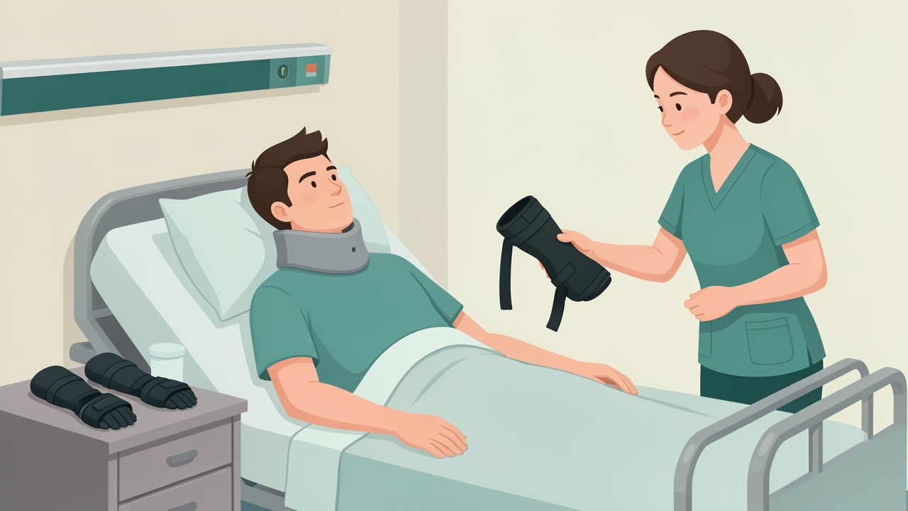 Stage 1 (0–6 weeks): resting hand splints at night hold the wrist in about 20–30° extension, MCP joints flexed 60–70°, IP joints extended and the thumb abducted.