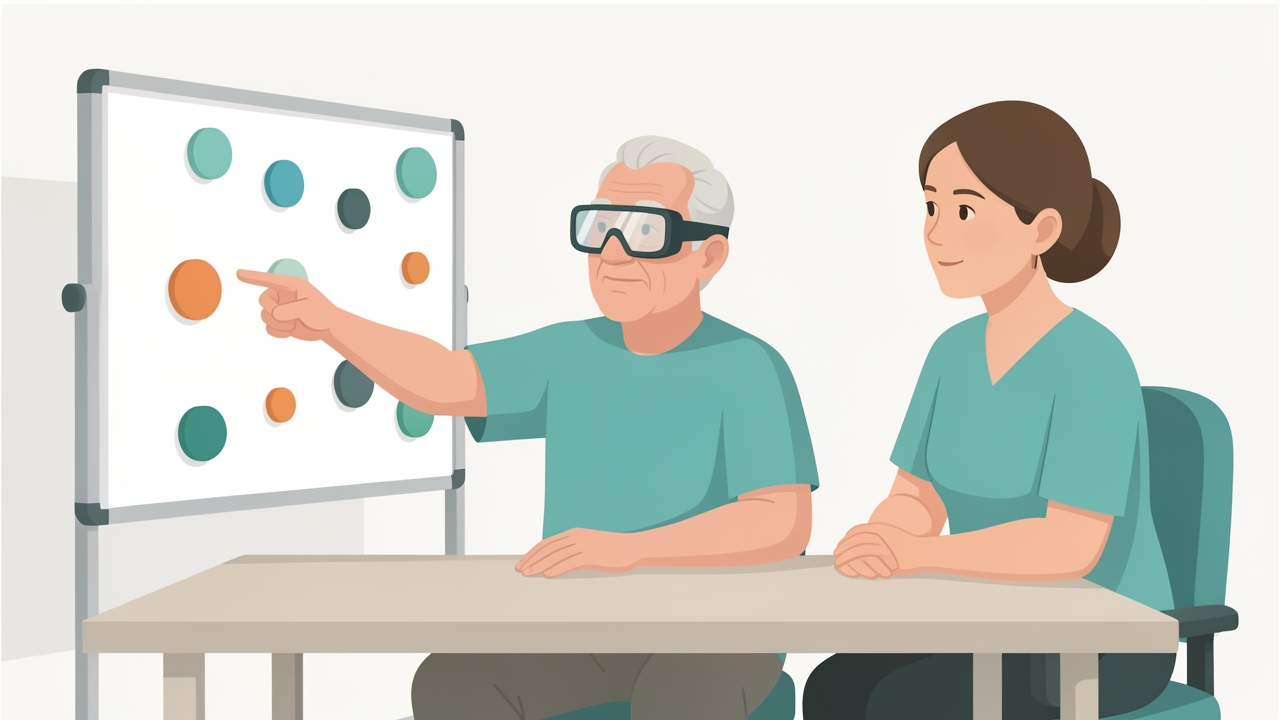 Prism adaptation for neglect: 10° rightward-shifting goggles, about 90 pointing movements per session, twice daily for 2 weeks, as an adjunct to functional training.