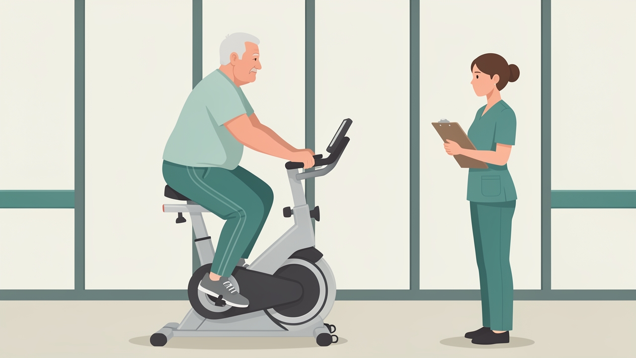 Stage 1 (weeks 1–2): 2–3 supervised sessions a week of cycle ergometry or treadmill walking, 10–15 minutes at Borg dyspnoea 2–3.